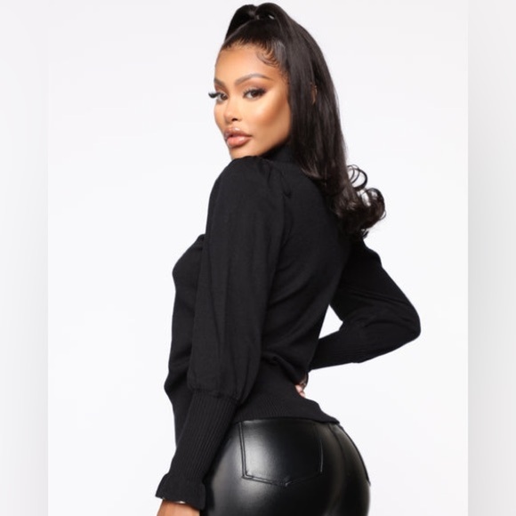 Fashion Nova Double The Trouble Sweater - Black Puff Sleeve Sweater - Picture 2 of 6